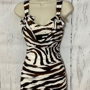 XOXO Ivory and Brown Body-con ruched zebra pattern mini dress size XS